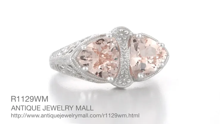 Art Deco Filigree Loving Duo East West Morganite Ring in 14 Karat White Gold