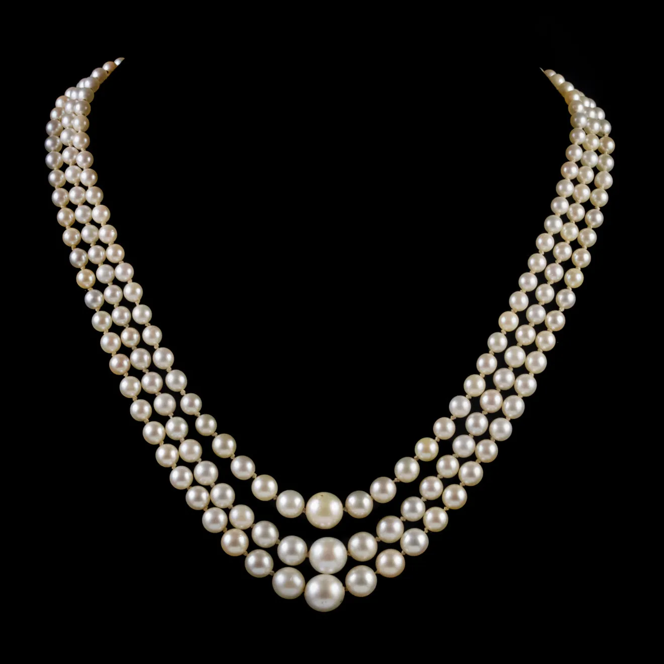 Art Deco Triple Pearl Necklace Georgian Diamond Clasp
