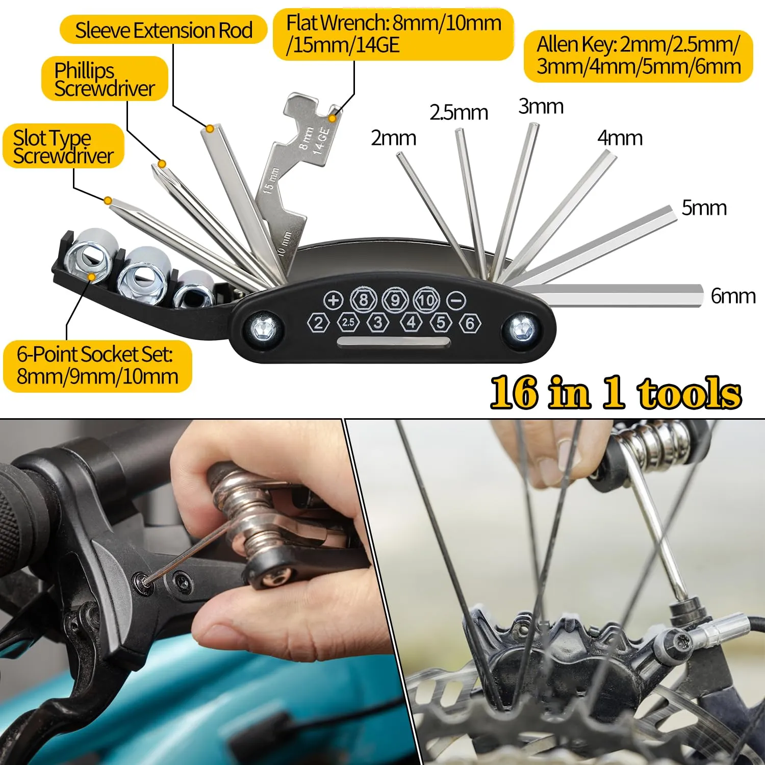 Bike Repair Kit, Bicycle Repair Bag With Tire Pump, Bike Tool Kit for Camping Cycling, 16-in-1 Bike Multitool, Bicycle Tire Repair Kit, 4mm and 5mm Allen Wrenches, Used for Mountain Bike and Road Bike