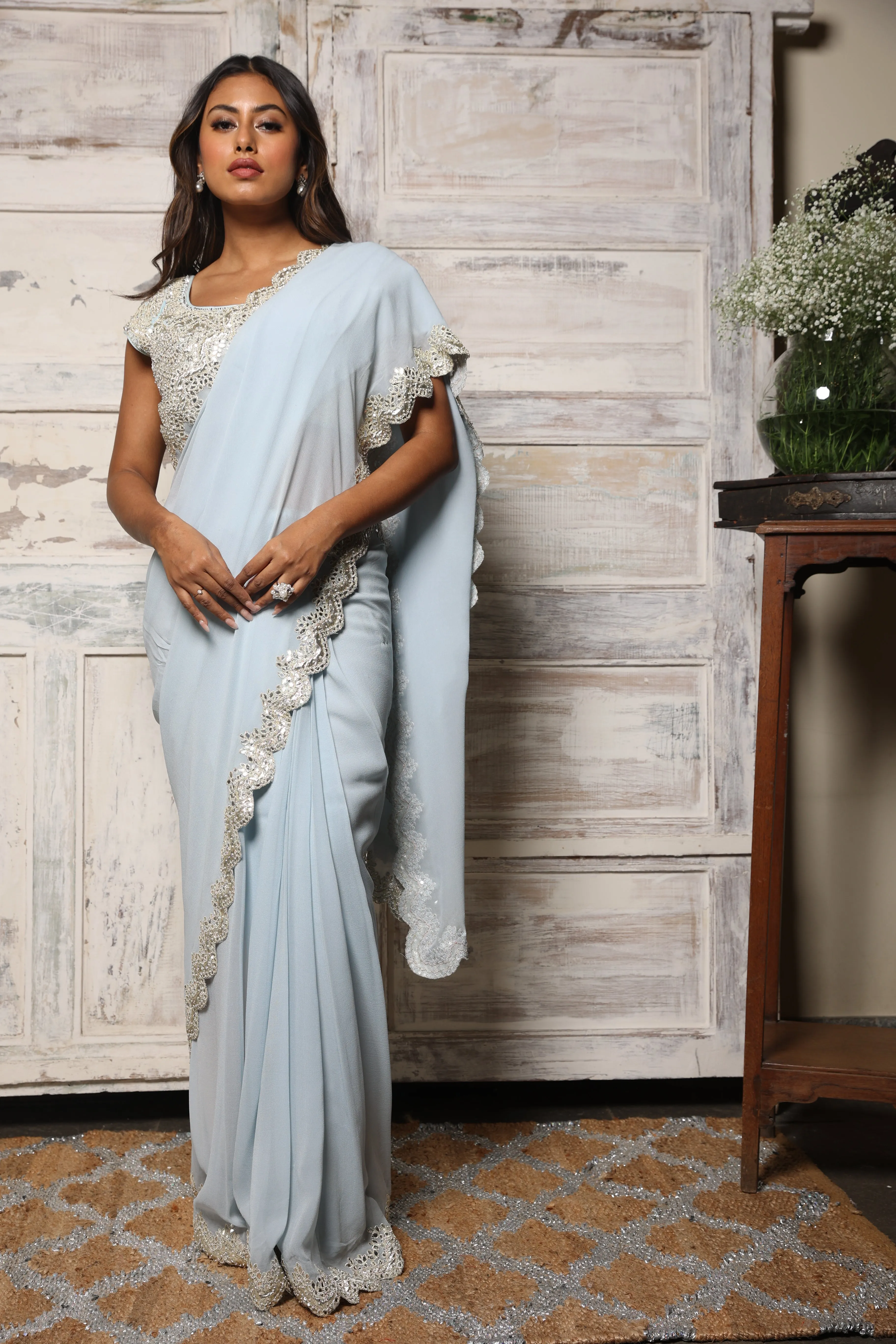 Blue Georgette - Pre pleated saree