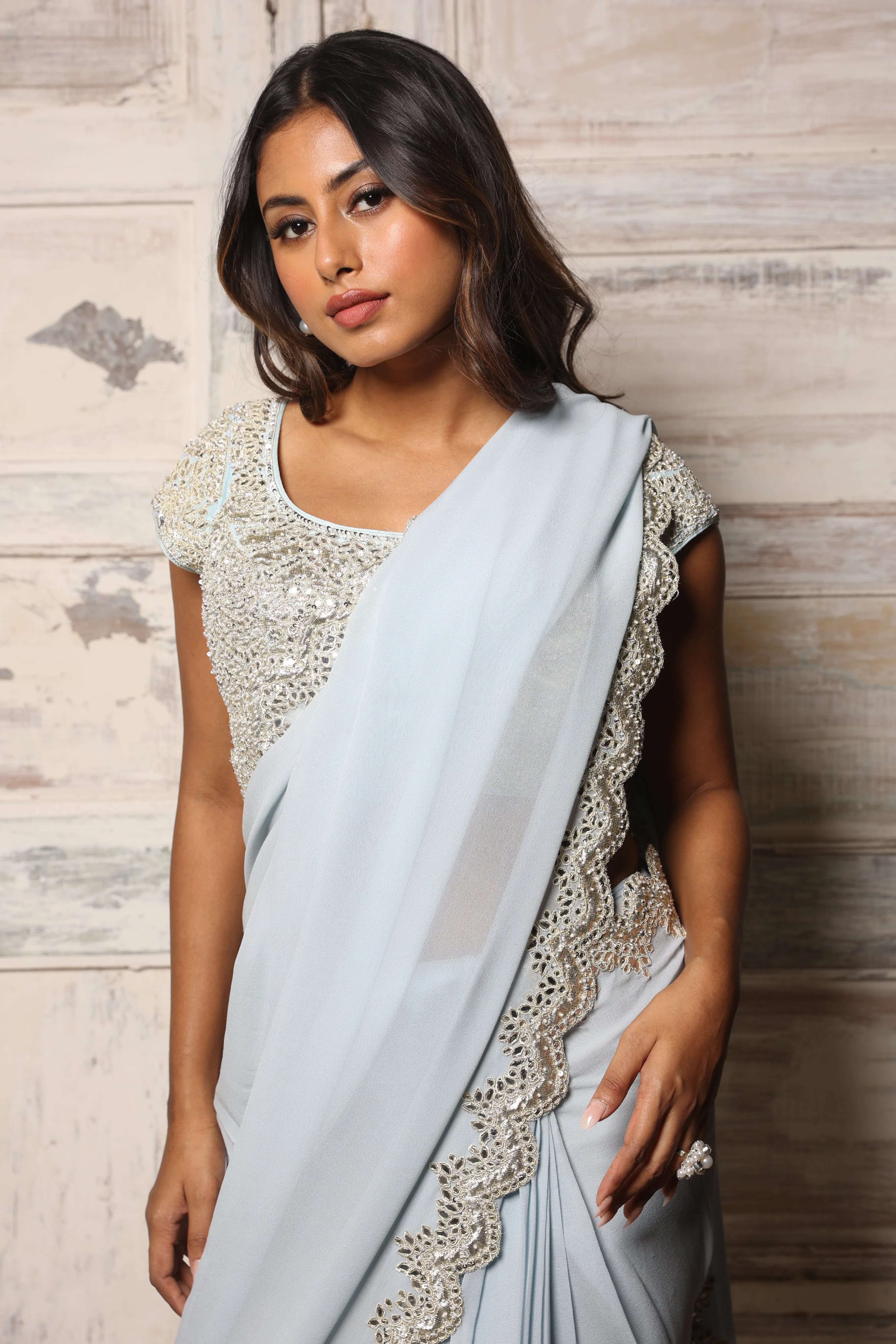 Blue Georgette - Pre pleated saree