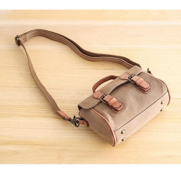 Canvas Leather Mens Womens Green Portable Side Bag Khaki Messenger Bag Small Courier Bag For Men