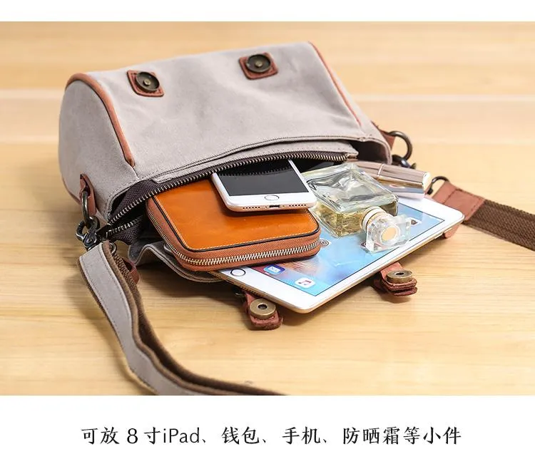 Canvas Leather Mens Womens Green Portable Side Bag Khaki Messenger Bag Small Courier Bag For Men