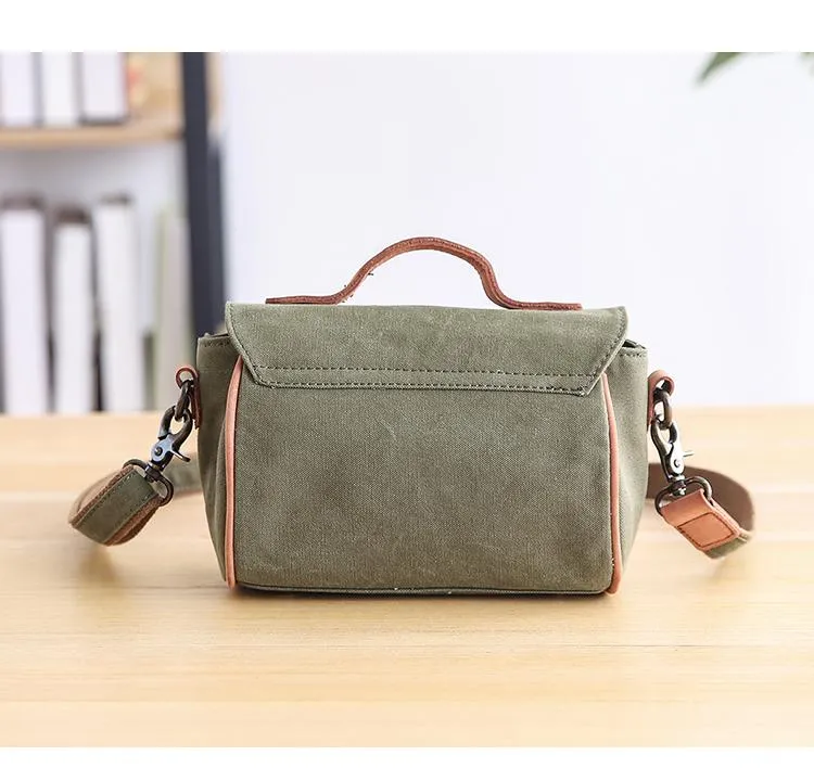 Canvas Leather Mens Womens Green Portable Side Bag Khaki Messenger Bag Small Courier Bag For Men