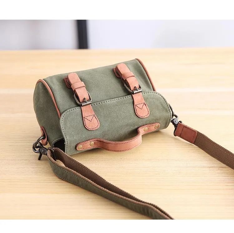 Canvas Leather Mens Womens Green Portable Side Bag Khaki Messenger Bag Small Courier Bag For Men