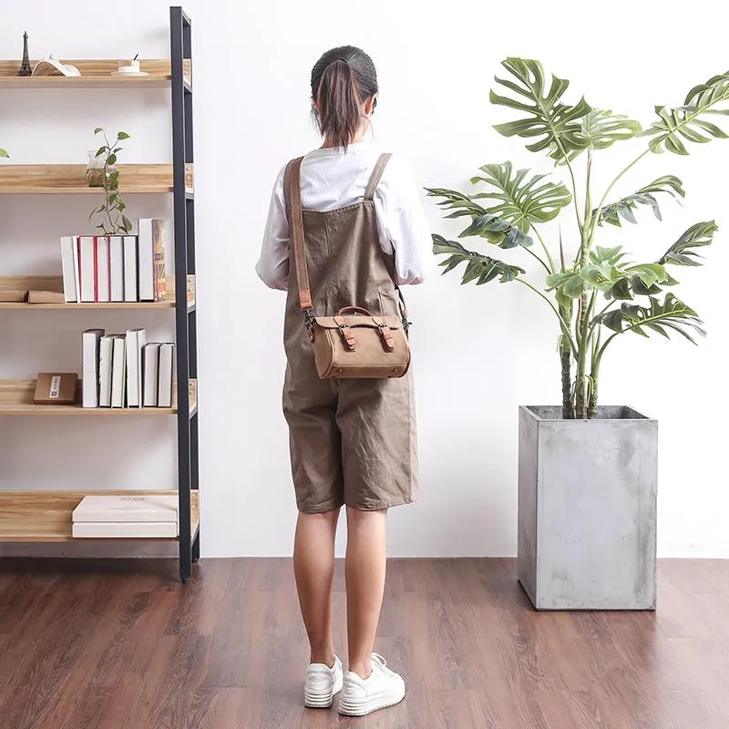 Canvas Leather Mens Womens Green Portable Side Bag Khaki Messenger Bag Small Courier Bag For Men