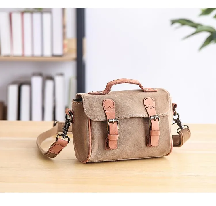 Canvas Leather Mens Womens Green Portable Side Bag Khaki Messenger Bag Small Courier Bag For Men