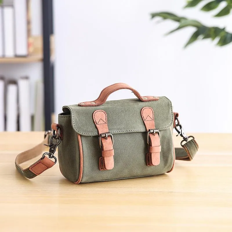 Canvas Leather Mens Womens Green Portable Side Bag Khaki Messenger Bag Small Courier Bag For Men