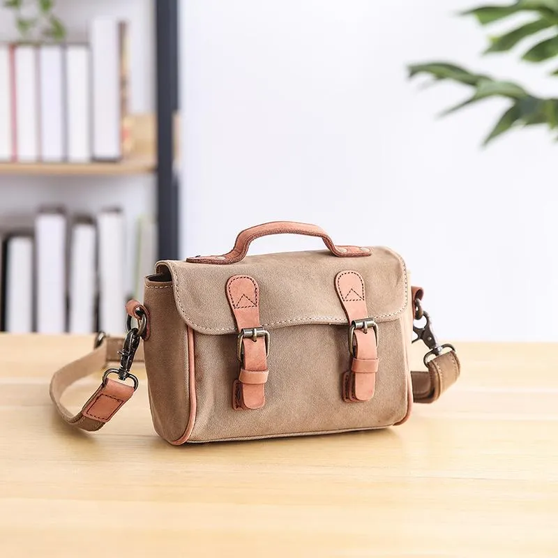 Canvas Leather Mens Womens Green Portable Side Bag Khaki Messenger Bag Small Courier Bag For Men