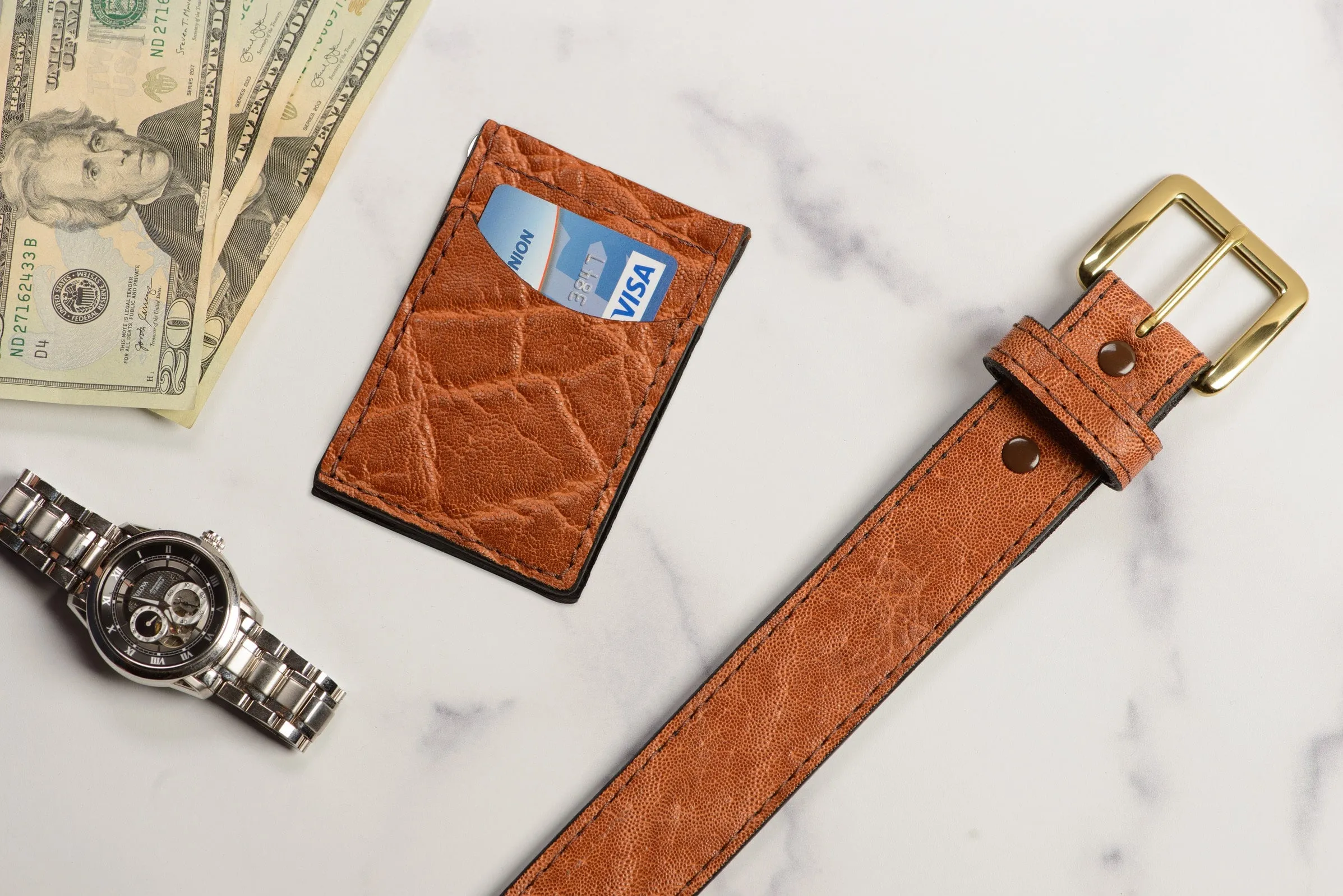 Caramel Brown Elephant Bifold Slim Profile Wallet With Money Clip