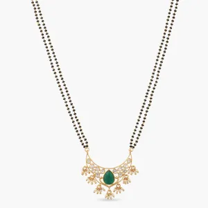 Carved Green Moissanite Silver Mangalsutra Necklace