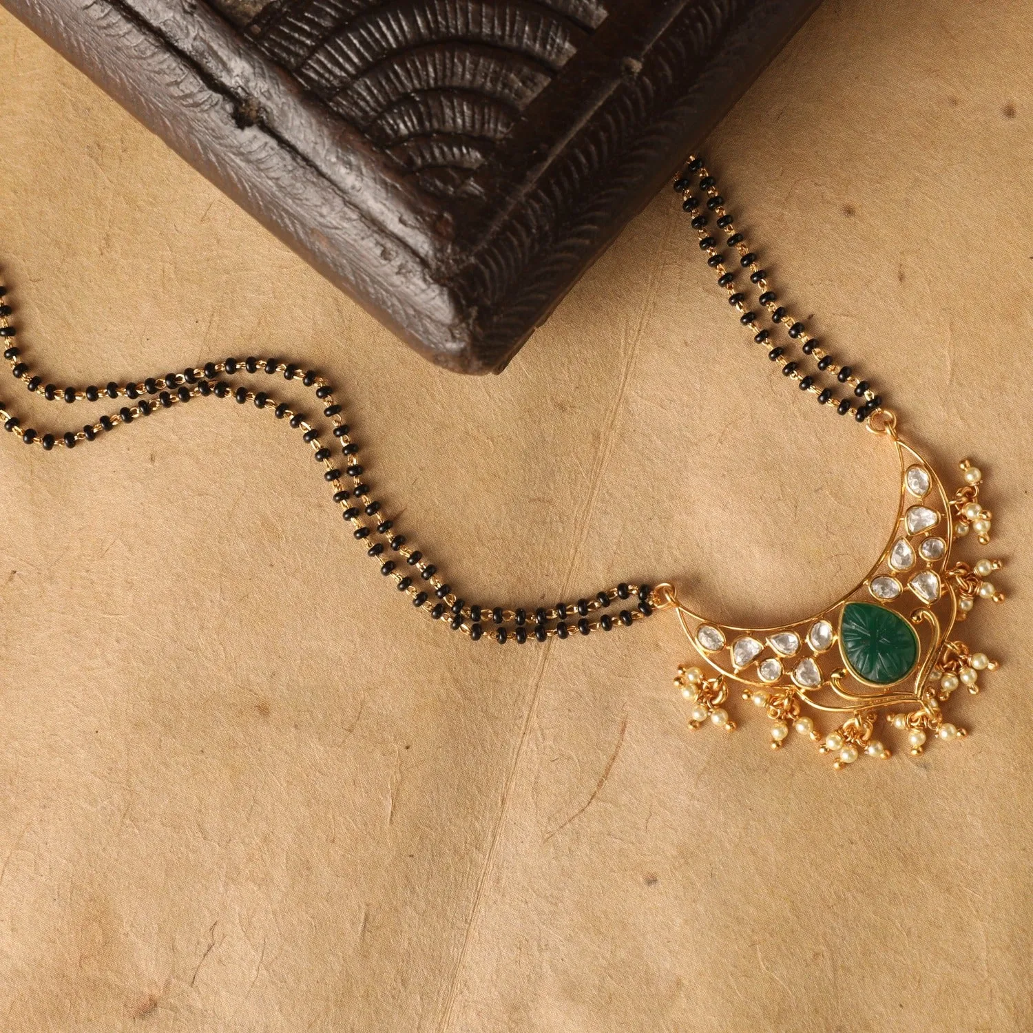 Carved Green Moissanite Silver Mangalsutra Necklace