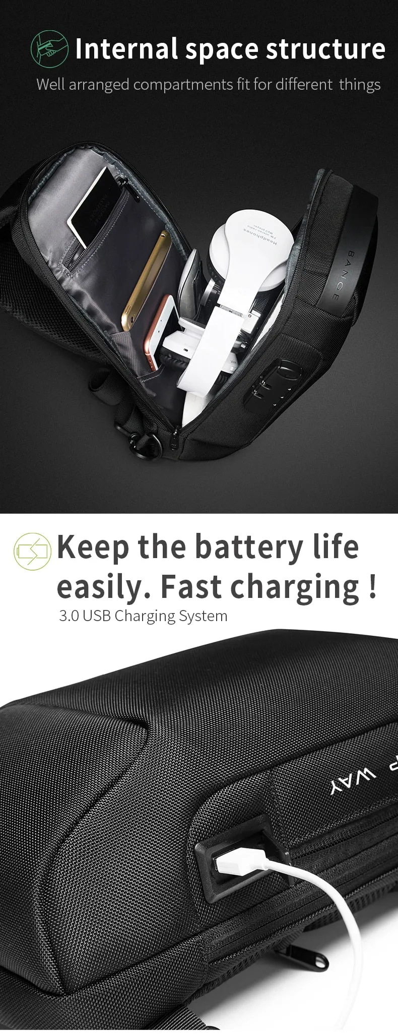 Chest Bag New Men Crossbody Bag Waterproof Shoulder Bags USB Charging