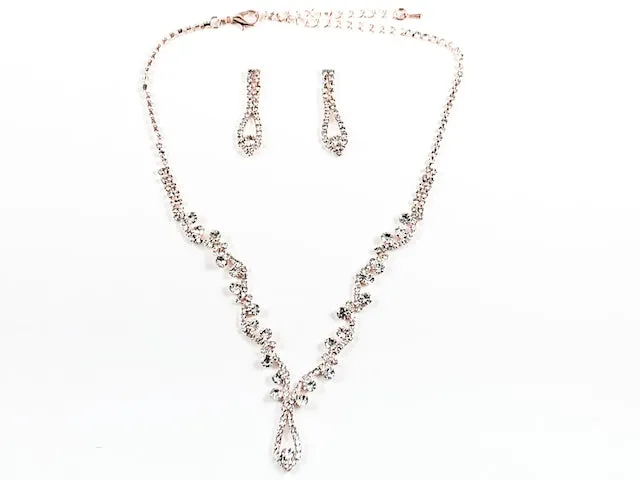 Classic Beautiful CZ Design Pink Gold Tone Earring Necklace Fashion Set