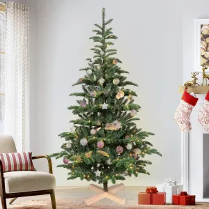 classic Christmas Trees 5 ft Pre lit,  Wooden Stand Tree w/ 403 PE PVC Mixed Tips, 200 Lights 6 ft