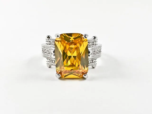 Classic Trillion Style Center Rectangle Shape Yellow CZ Brass Ring