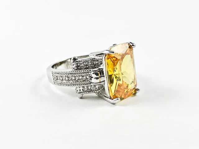 Classic Trillion Style Center Rectangle Shape Yellow CZ Brass Ring