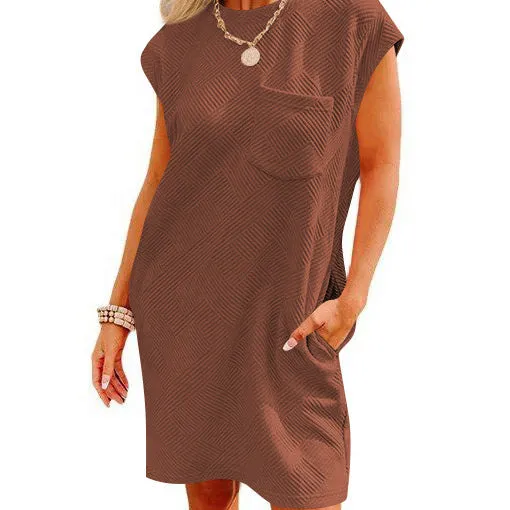 Cross Border   Independent Station TikTok Leisure Sports round Neck Pocket Short Sleeve Loose Dress