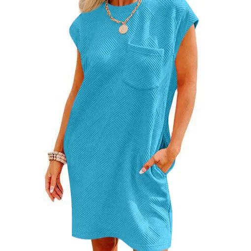Cross Border   Independent Station TikTok Leisure Sports round Neck Pocket Short Sleeve Loose Dress