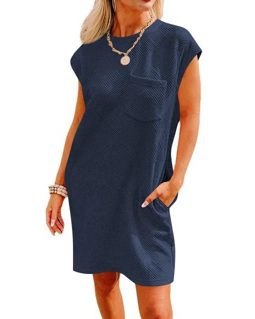 Cross Border   Independent Station TikTok Leisure Sports round Neck Pocket Short Sleeve Loose Dress