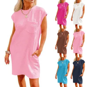 Cross Border   Independent Station TikTok Leisure Sports round Neck Pocket Short Sleeve Loose Dress