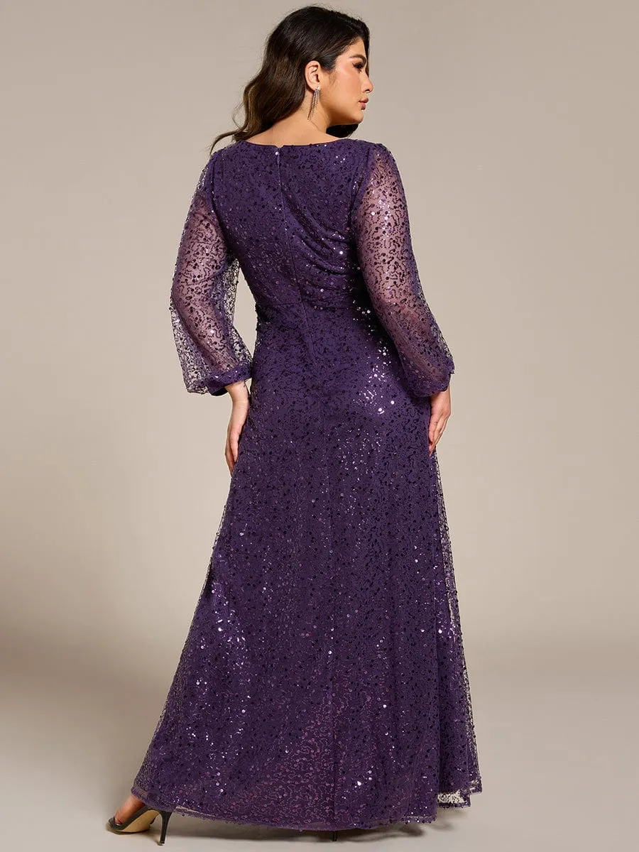 Custom Size Shimmering All Over V-Neck Long Lantern Sleeve Sequin A-Line Evening Dress