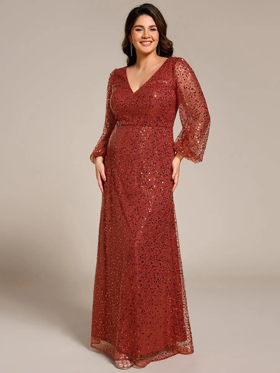 Custom Size Shimmering All Over V-Neck Long Lantern Sleeve Sequin A-Line Evening Dress