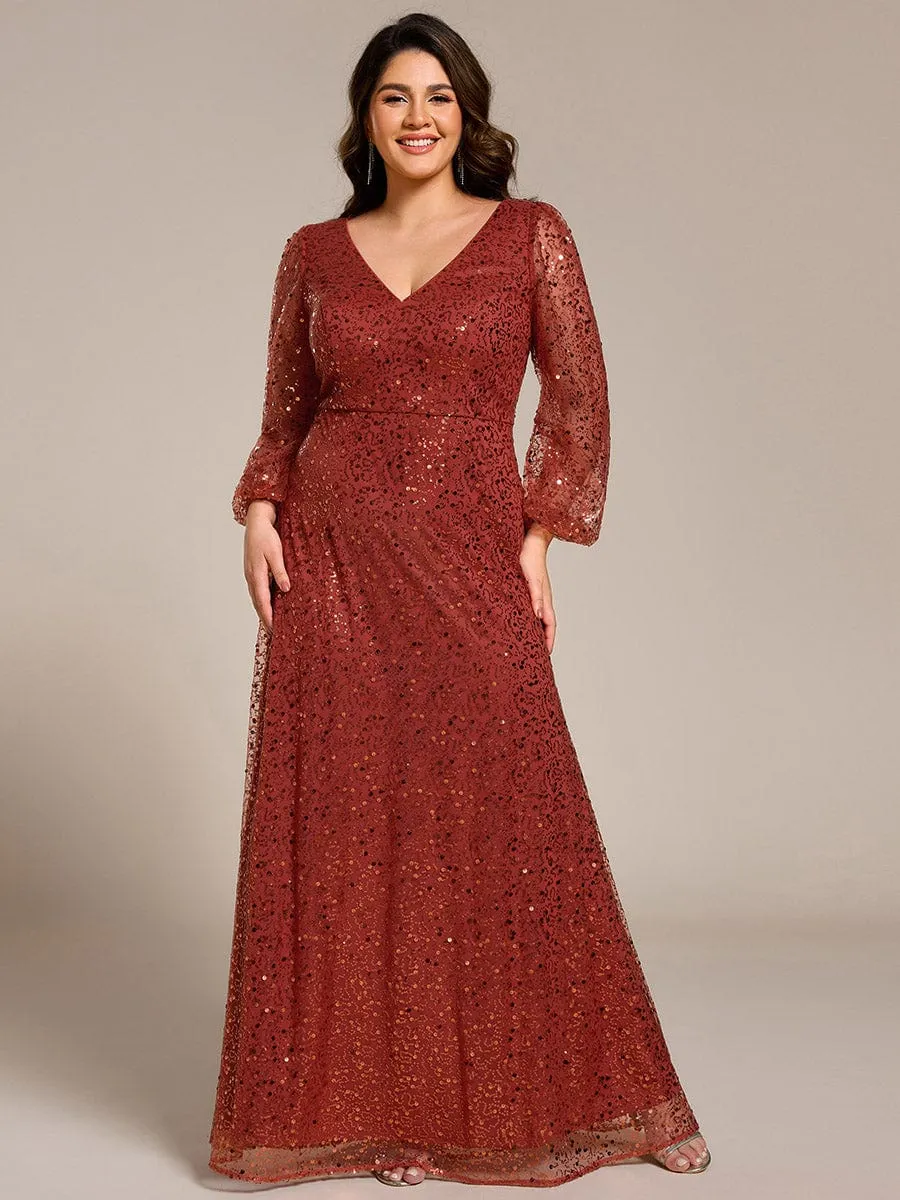 Custom Size Shimmering All Over V-Neck Long Lantern Sleeve Sequin A-Line Evening Dress