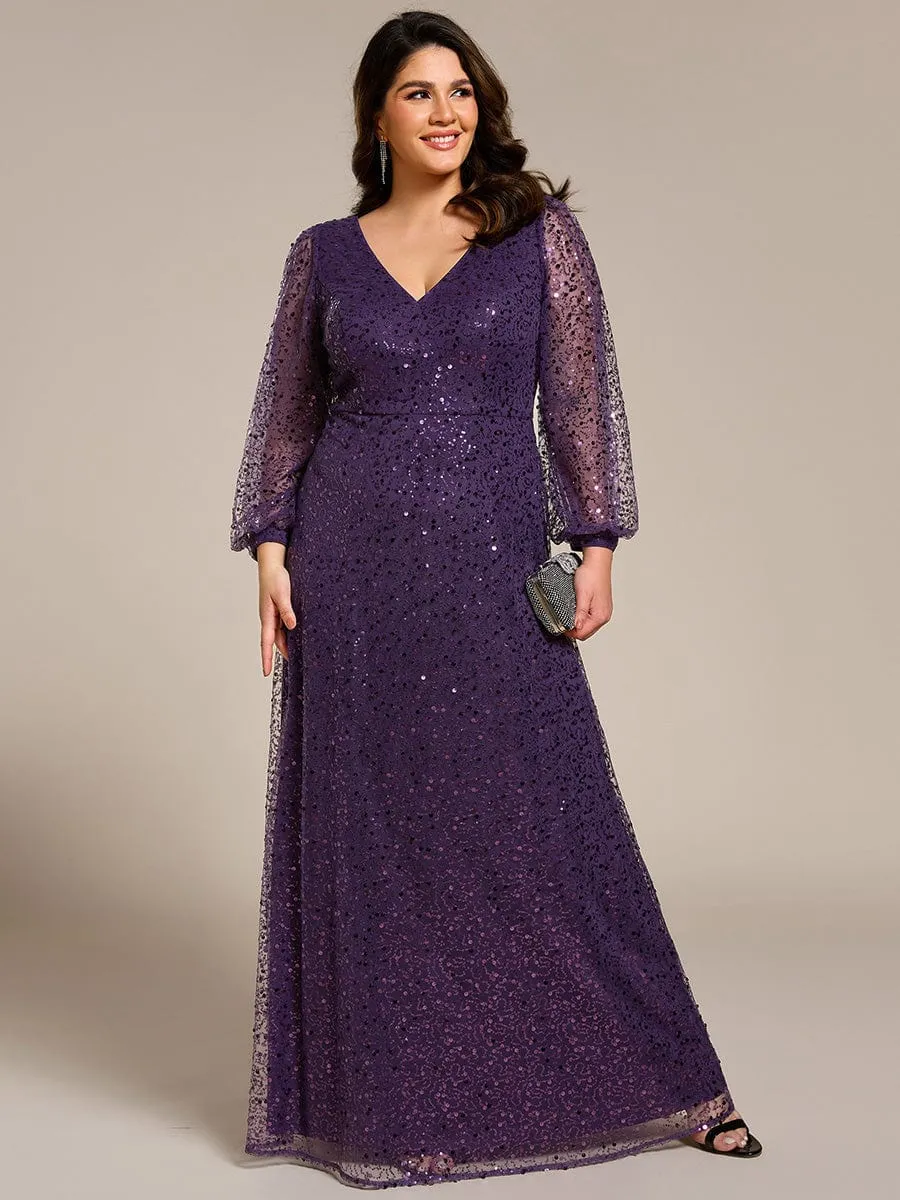 Custom Size Shimmering All Over V-Neck Long Lantern Sleeve Sequin A-Line Evening Dress