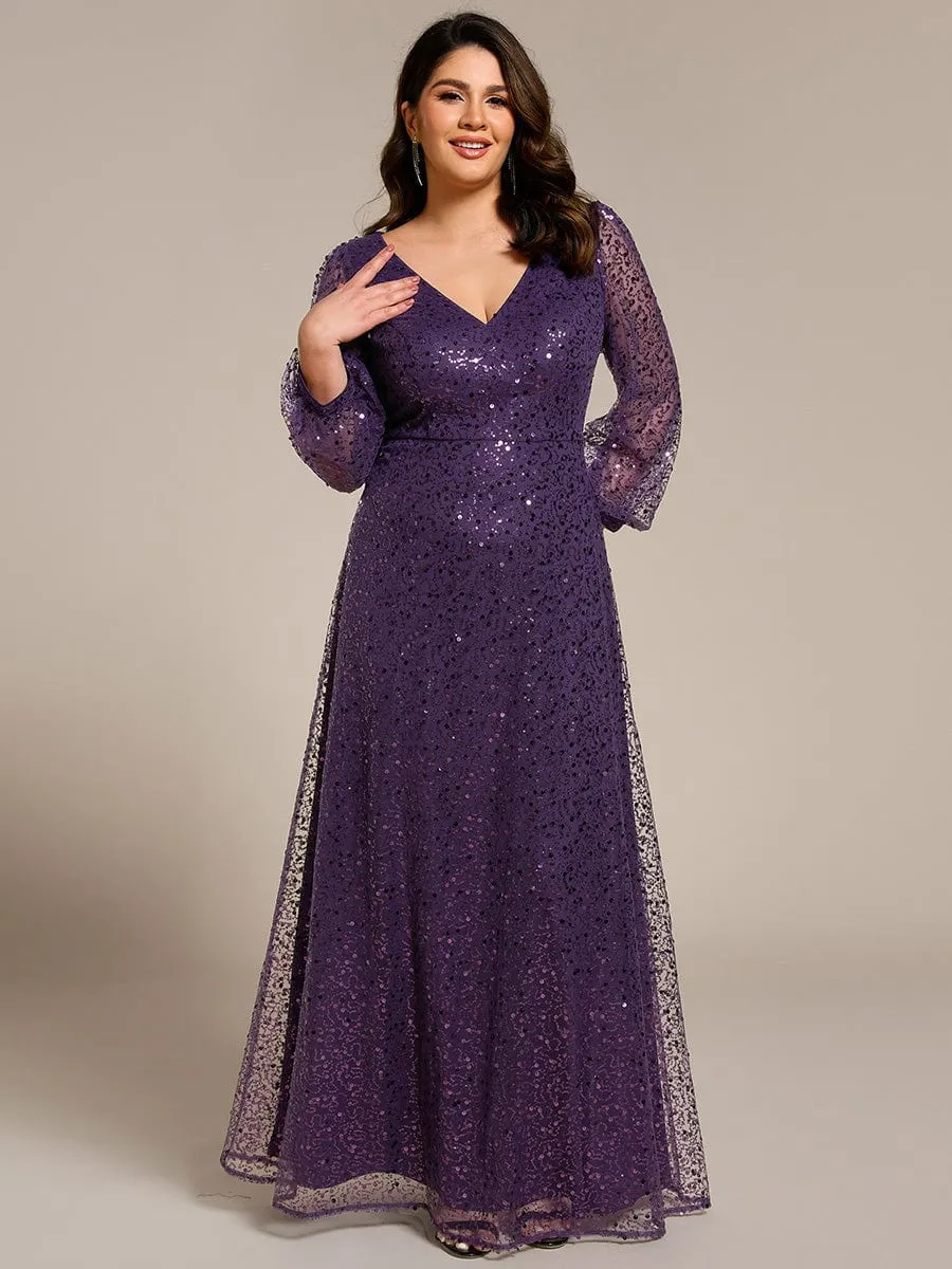 Custom Size Shimmering All Over V-Neck Long Lantern Sleeve Sequin A-Line Evening Dress