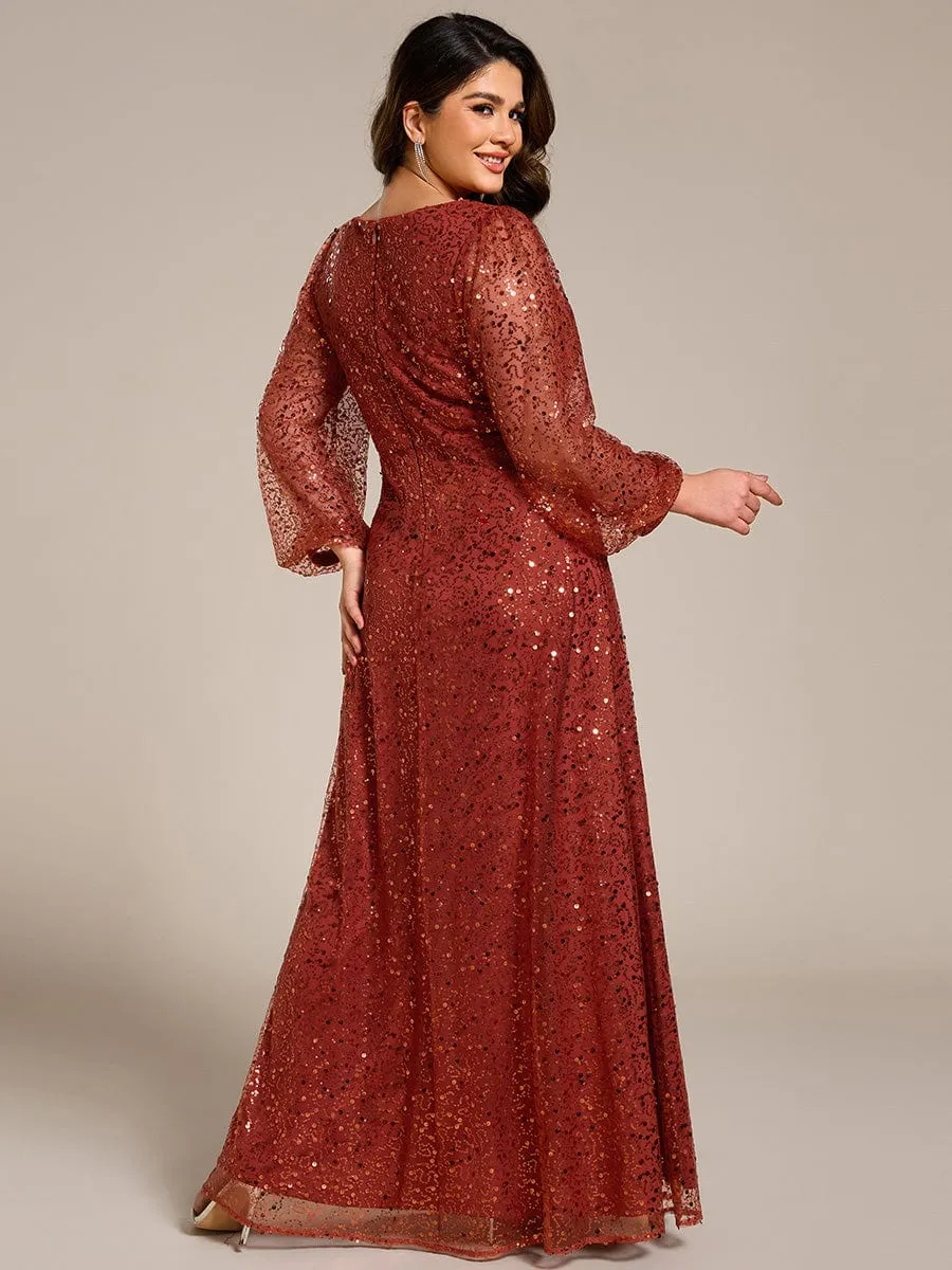 Custom Size Shimmering All Over V-Neck Long Lantern Sleeve Sequin A-Line Evening Dress