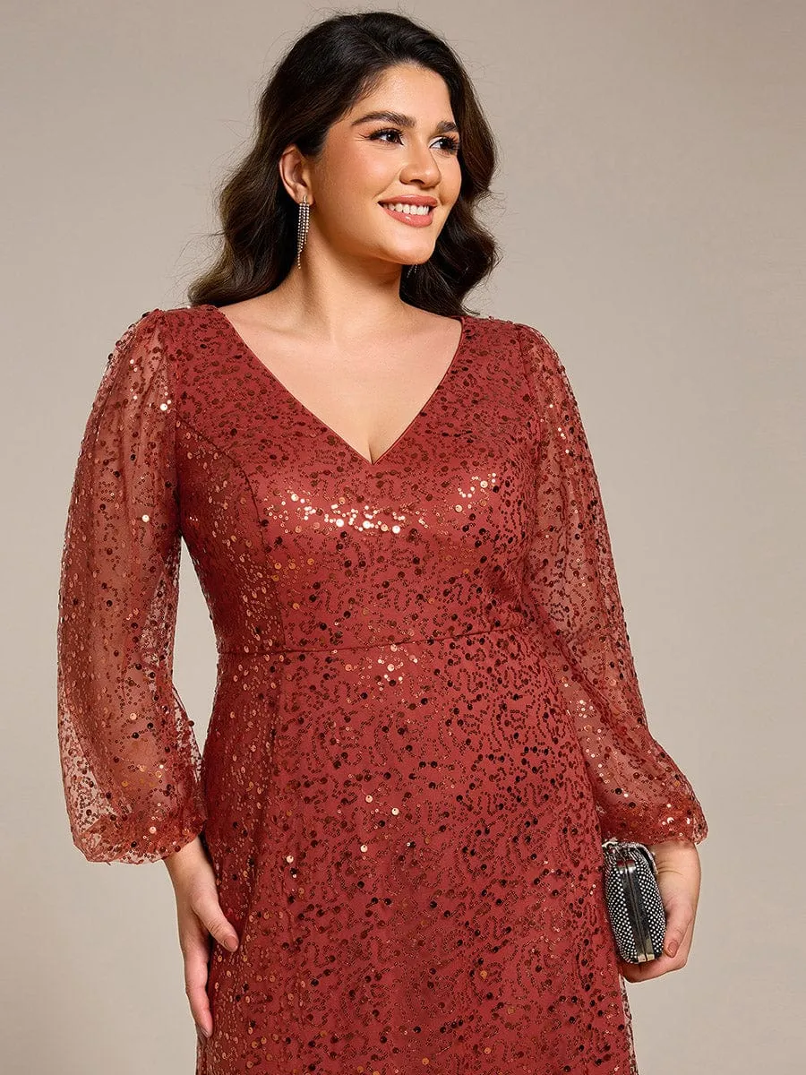 Custom Size Shimmering All Over V-Neck Long Lantern Sleeve Sequin A-Line Evening Dress