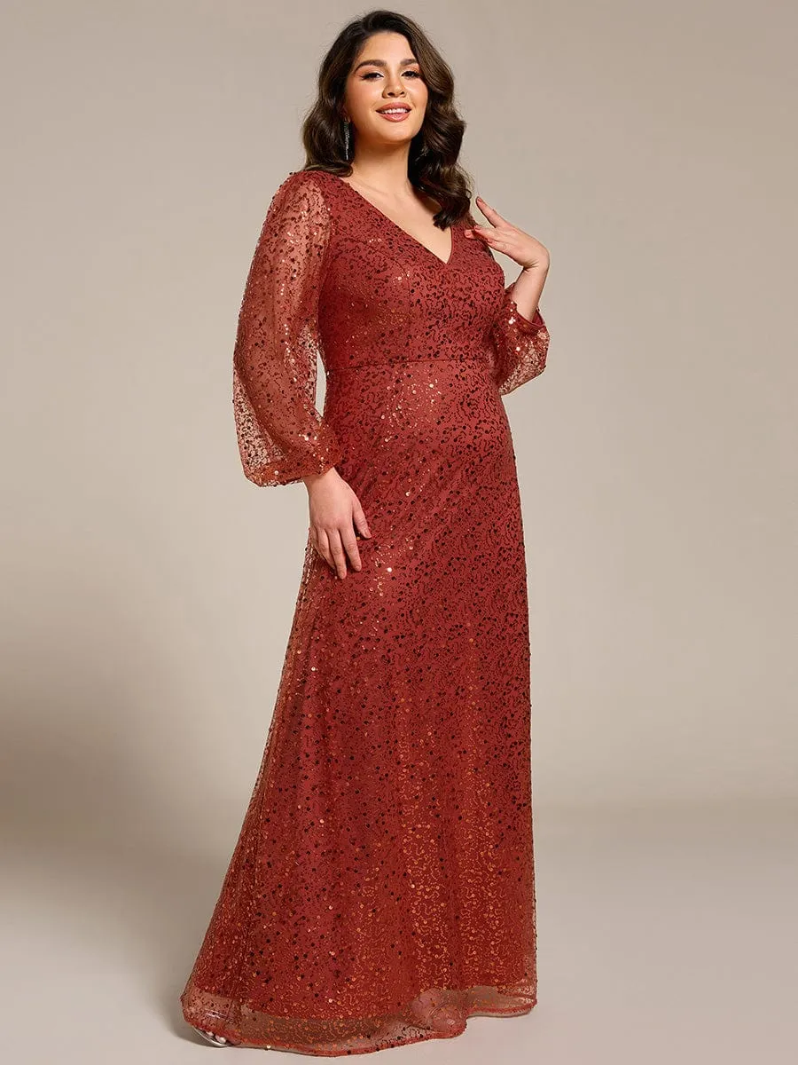 Custom Size Shimmering All Over V-Neck Long Lantern Sleeve Sequin A-Line Evening Dress