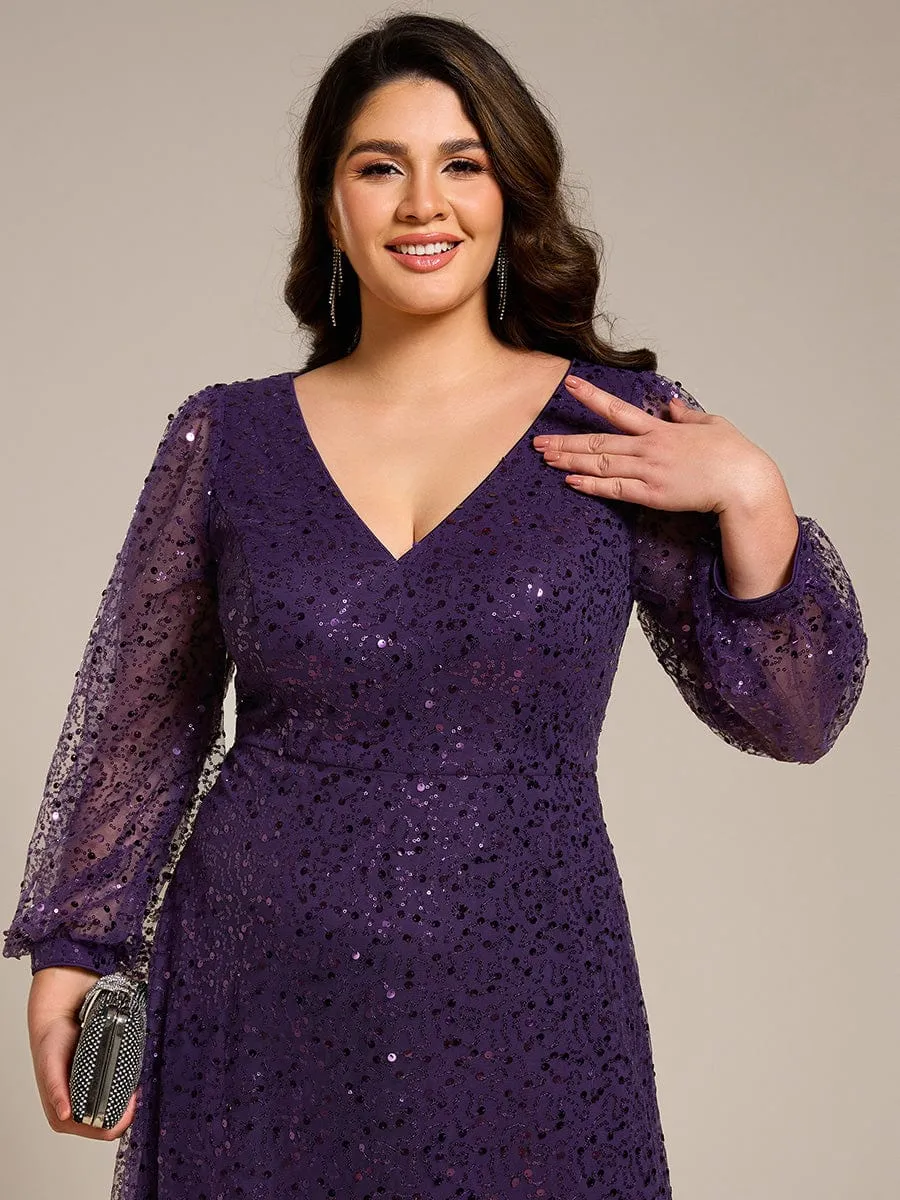 Custom Size Shimmering All Over V-Neck Long Lantern Sleeve Sequin A-Line Evening Dress