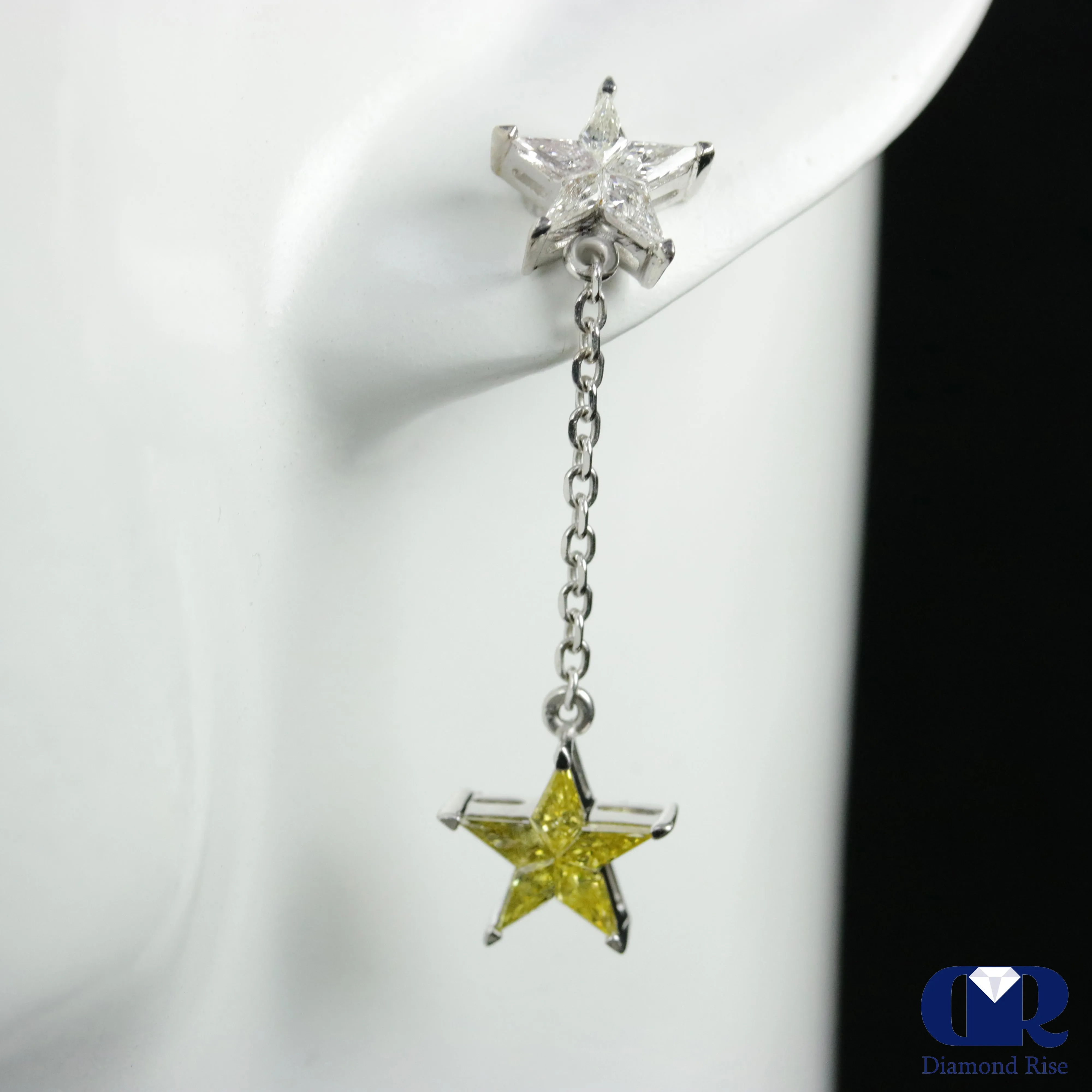 Dangle Star Shaped Diamond Drop Earrings In 14K White Gold