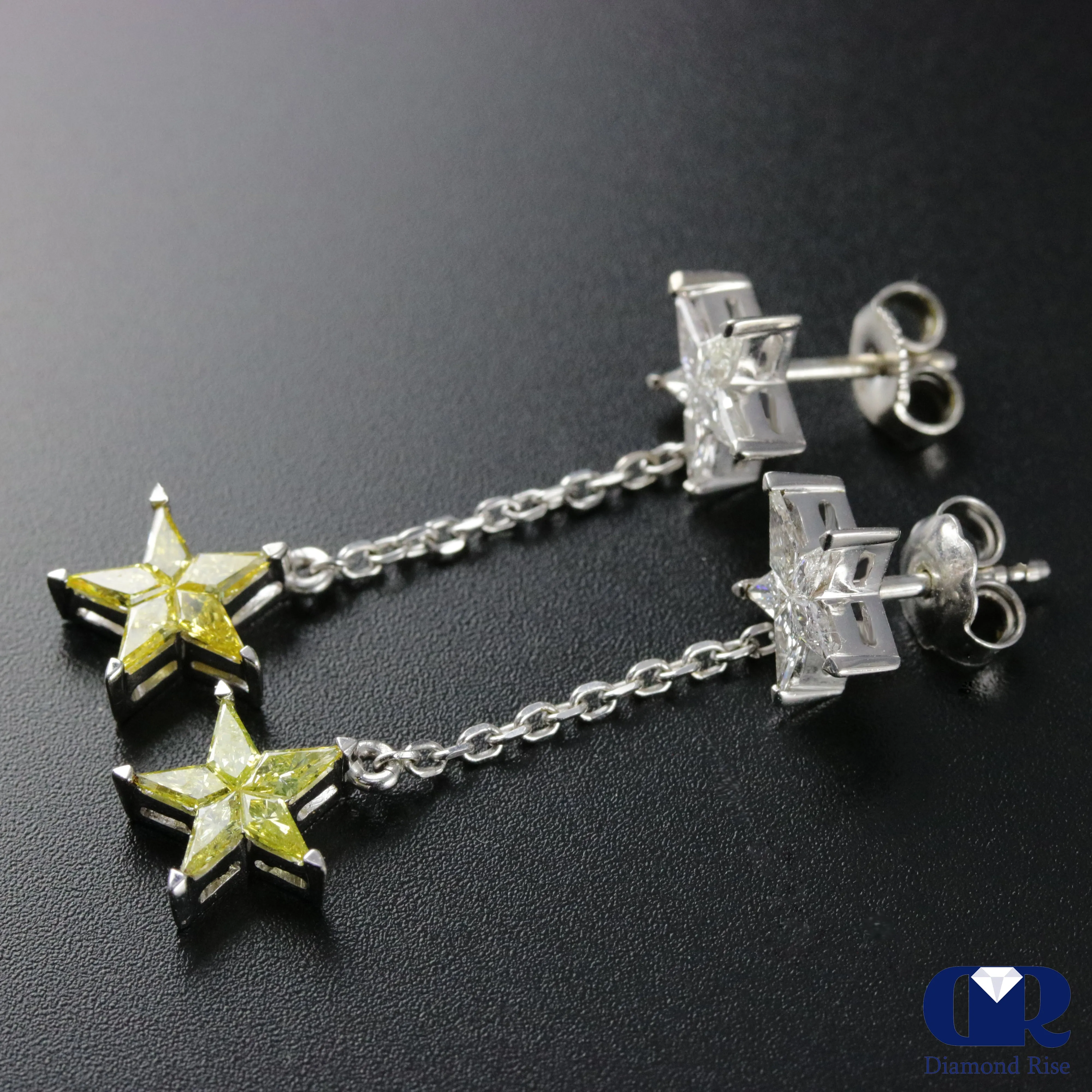 Dangle Star Shaped Diamond Drop Earrings In 14K White Gold