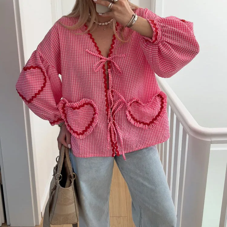 DUNNMALL Cross-Border Hot  New Plaid V-neck Shirt Love Pocket Lace-up Long Sleeve Loose Top