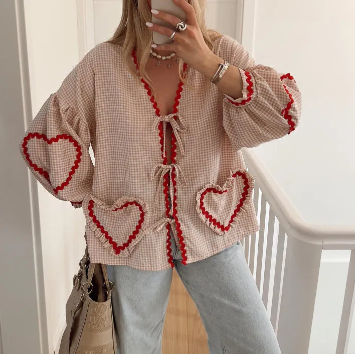 DUNNMALL Cross-Border Hot  New Plaid V-neck Shirt Love Pocket Lace-up Long Sleeve Loose Top