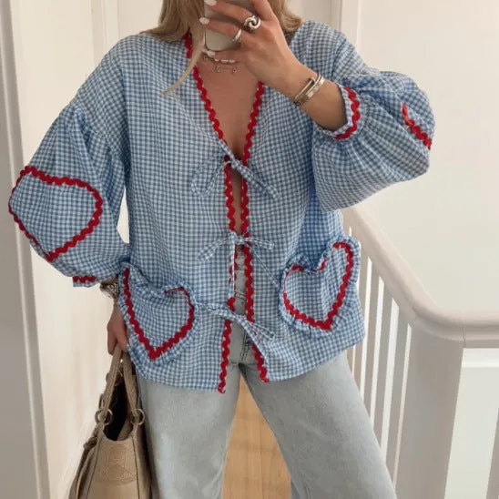 DUNNMALL Cross-Border Hot  New Plaid V-neck Shirt Love Pocket Lace-up Long Sleeve Loose Top