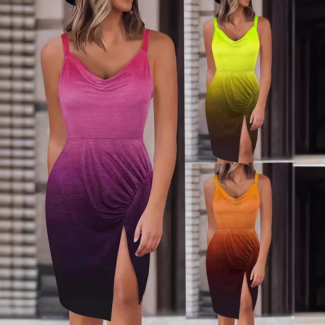 DUNNMALL  Cross-Border  Independent Station Popular Sling Dress  Summer Fashion Gradient Color Split Suspender Skirt