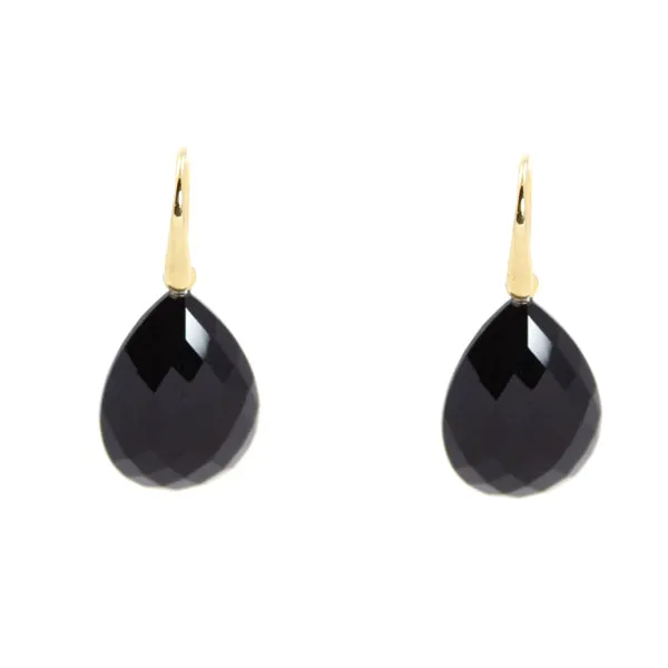 Earrings - Drop Almond Shape Black Onyx & Gold Plated Sterling Silver