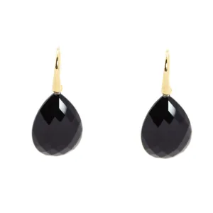 Earrings - Drop Almond Shape Black Onyx & Gold Plated Sterling Silver