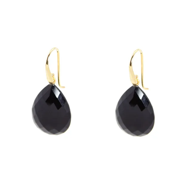 Earrings - Drop Almond Shape Black Onyx & Gold Plated Sterling Silver