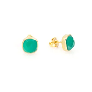 Earrings - Studs Green Agate Gold Plated Sterling Silver