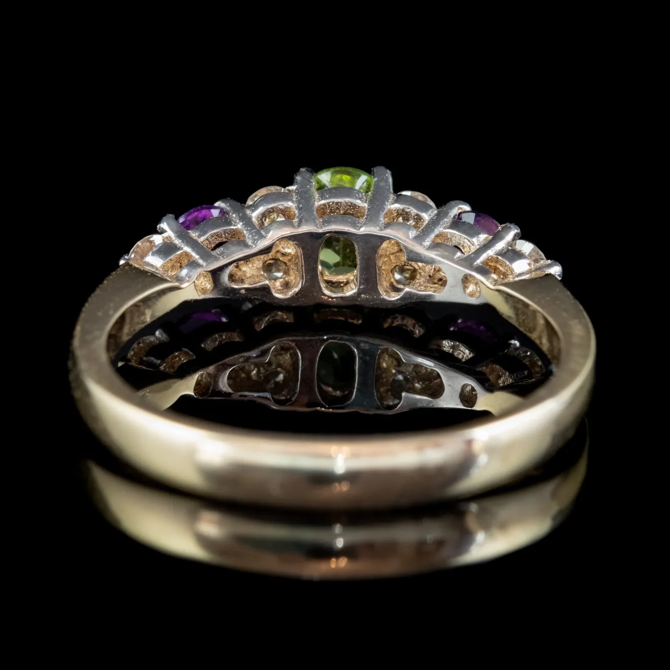 Edwardian Suffragette Style Ring Peridot Amethyst Diamond 9ct Gold