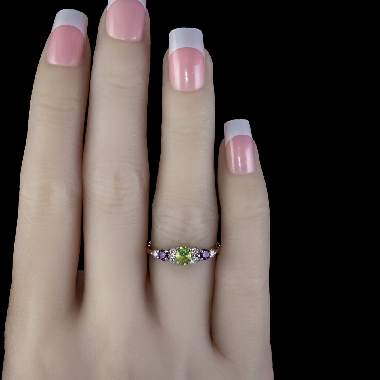 Edwardian Suffragette Style Ring Peridot Amethyst Diamond 9ct Gold