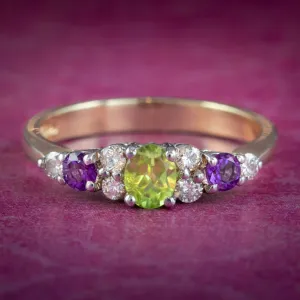Edwardian Suffragette Style Ring Peridot Amethyst Diamond 9ct Gold