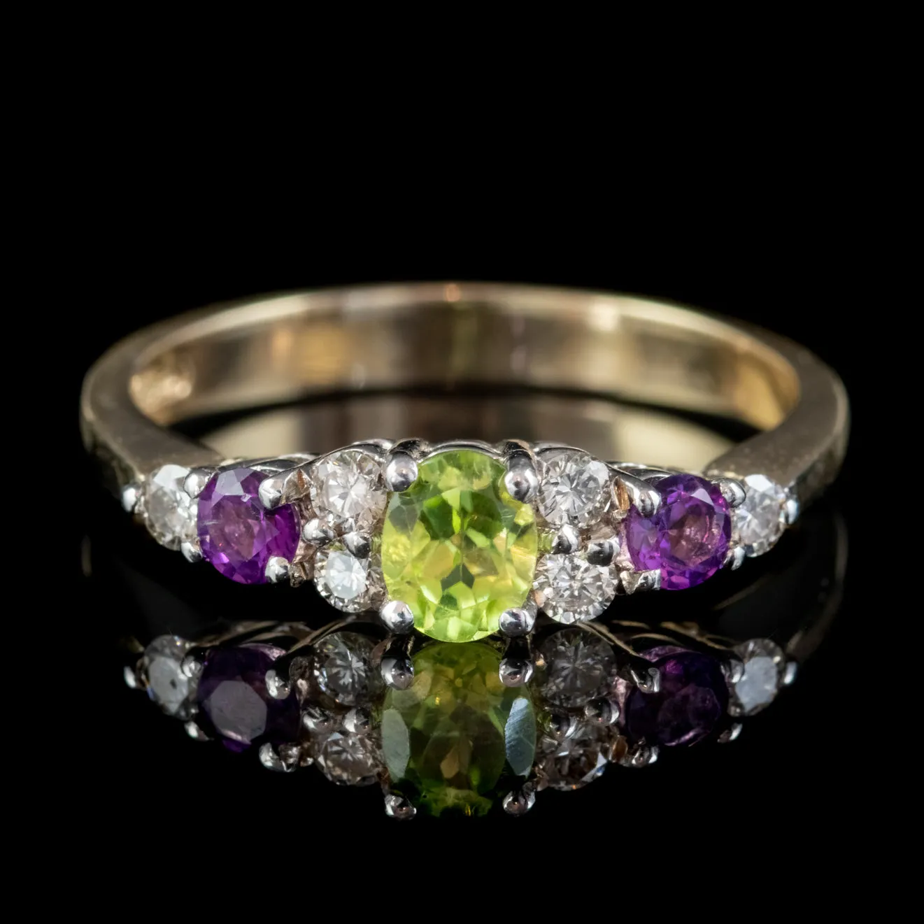 Edwardian Suffragette Style Ring Peridot Amethyst Diamond 9ct Gold