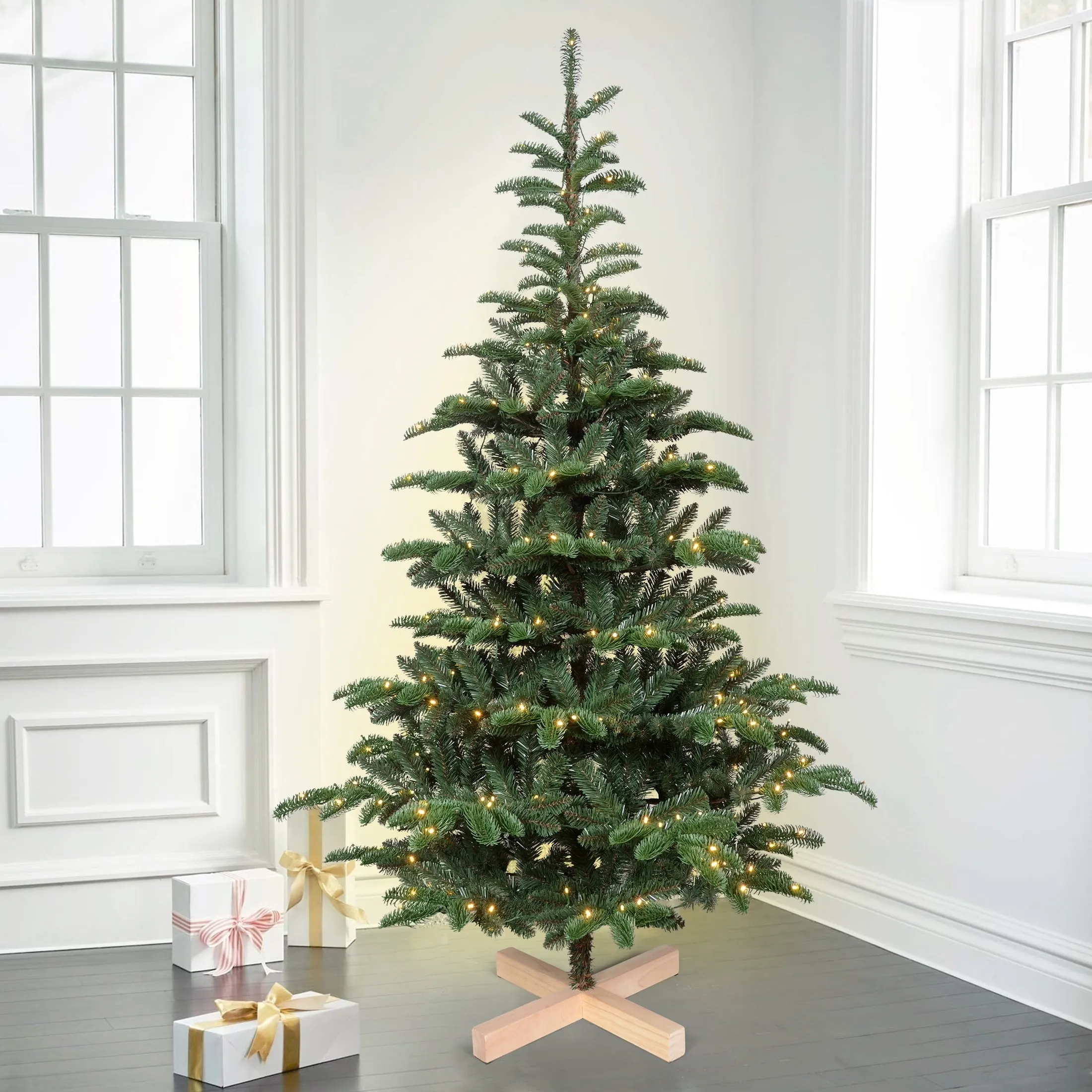 essential Christmas Trees 5 ft Pre lit, Bringstar Wooden Stand Tree w/ 403 PE PVC Mixed Tips, 200 Lights 7 ft