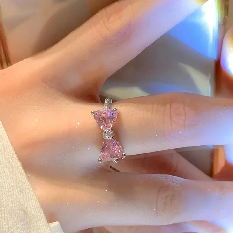 Fashion Princess Pink Crystal Bow Knot Rings Exquisite Y2K Sweet Girls Fairy Birthday Women Party Jewelry Gifts Accessories